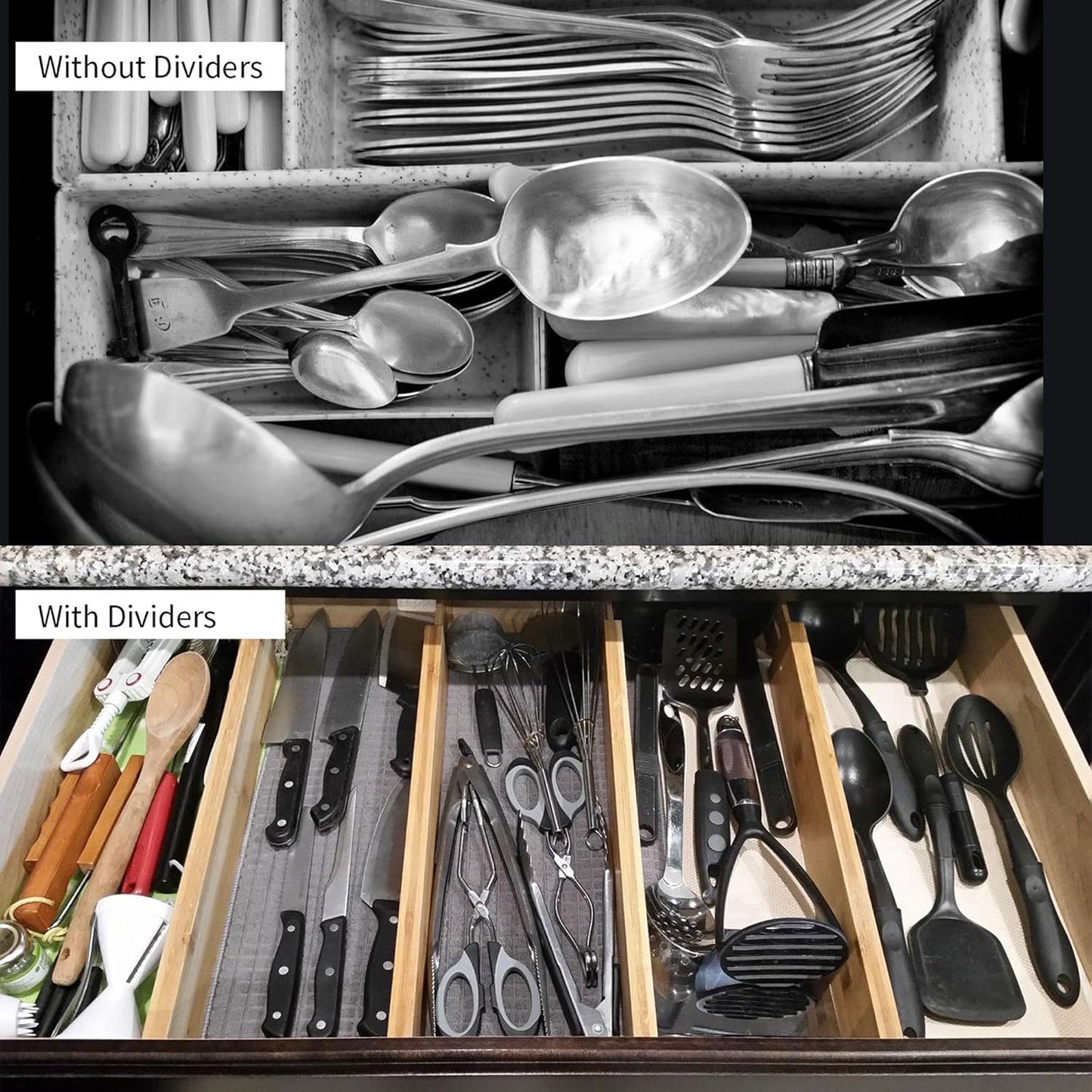 4 pcs Bamboo Kitchen Drawer Dividers, Adjustable Drawer Organizers, Spring Loaded, Works in Kitchen, Dresser, Bathroom, Bedroom, Drawer, Desk