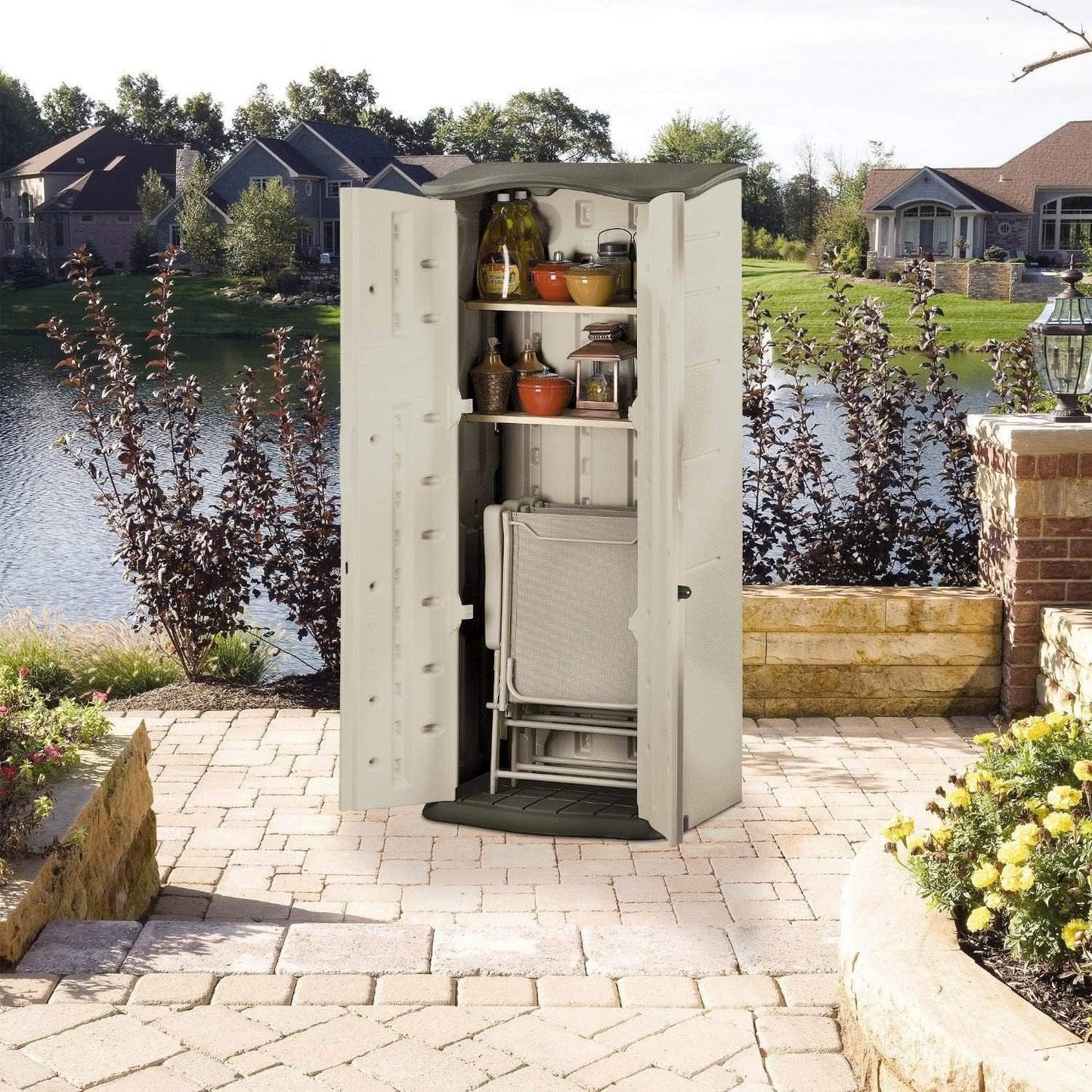 NEW - Rubbermaid Vertical Resin Weather Resistant Outdoor Storage Shed, 2x2.5 ft., Olive and Sandstone, for Garden/Backyard/Home/Pool - Retail $329