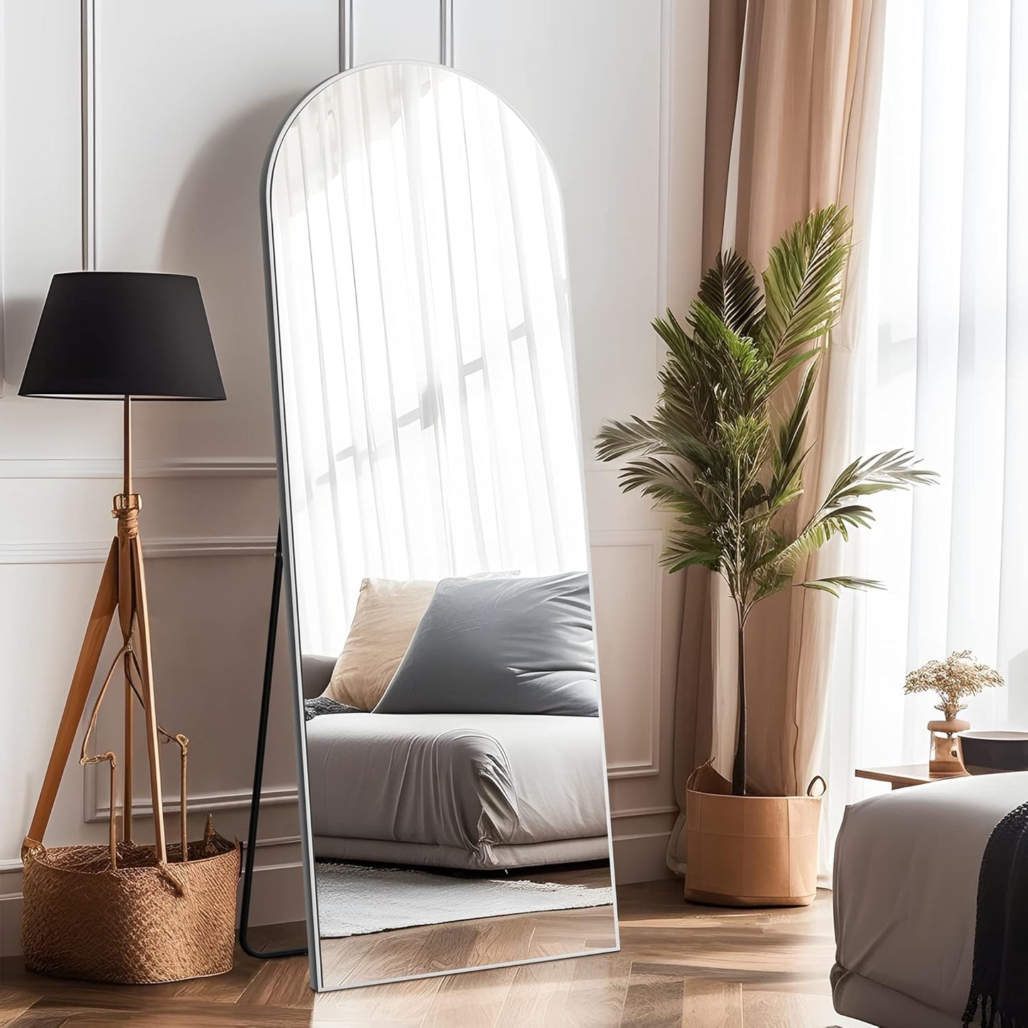 NeuType Arched Full Length Mirror, 65"x22"Full Body Mirror, Wooden Thin Frame, Hanging or Leaning Against Wall, Oversized Large Bedroom Mirror, Floor Mirror, Dressing Mirror, Silver