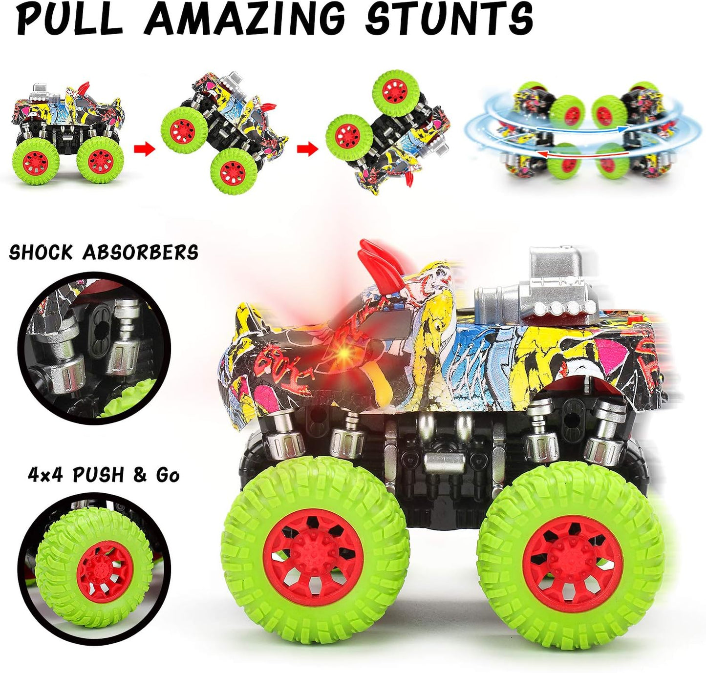 MÖBIUS Monster Truck Toy Set - 2 Dinosaur Trucks + 2 Realistic Toy Dinosaurs