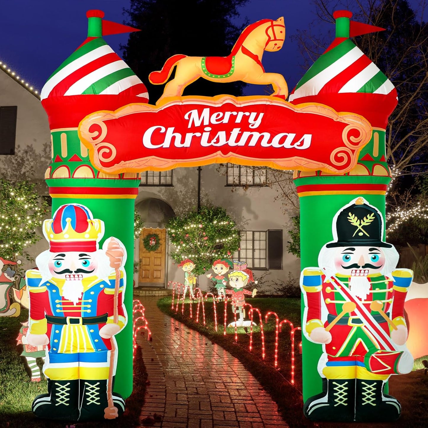 8.2 ft Christmas Inflatable Nutcracker Soldier Yard Decoration Xmas Inflatable Arch Outdoor Decoration with Build in LED Light Blow up Soldier Decor for Christmas Party Lawn Garden Supplies