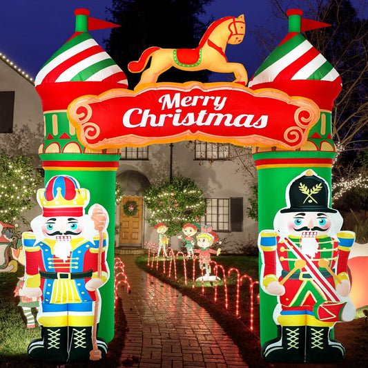 8.2 ft Christmas Inflatable Nutcracker Soldier Yard Decoration Xmas Inflatable Arch Outdoor Decoration with Build in LED Light Blow up Soldier Decor for Christmas Party Lawn Garden Supplies