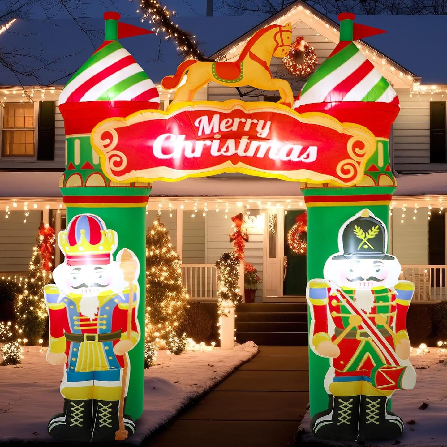 8.2 ft Christmas Inflatable Nutcracker Soldier Yard Decoration Xmas Inflatable Arch Outdoor Decoration with Build in LED Light Blow up Soldier Decor for Christmas Party Lawn Garden Supplies