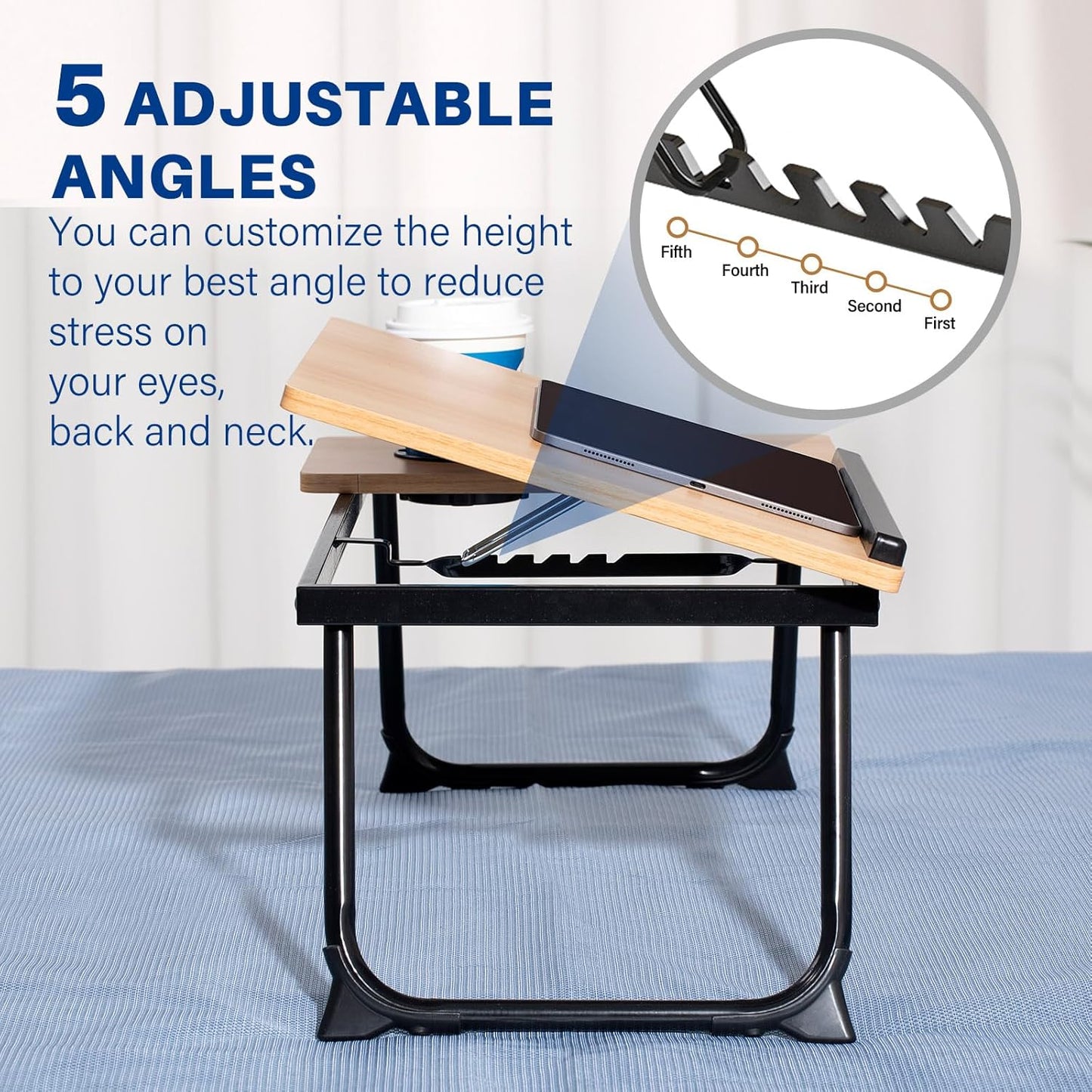 Laptop Desk for Bed Couch, Adjustable Foldable Bed Table with Cup Holder