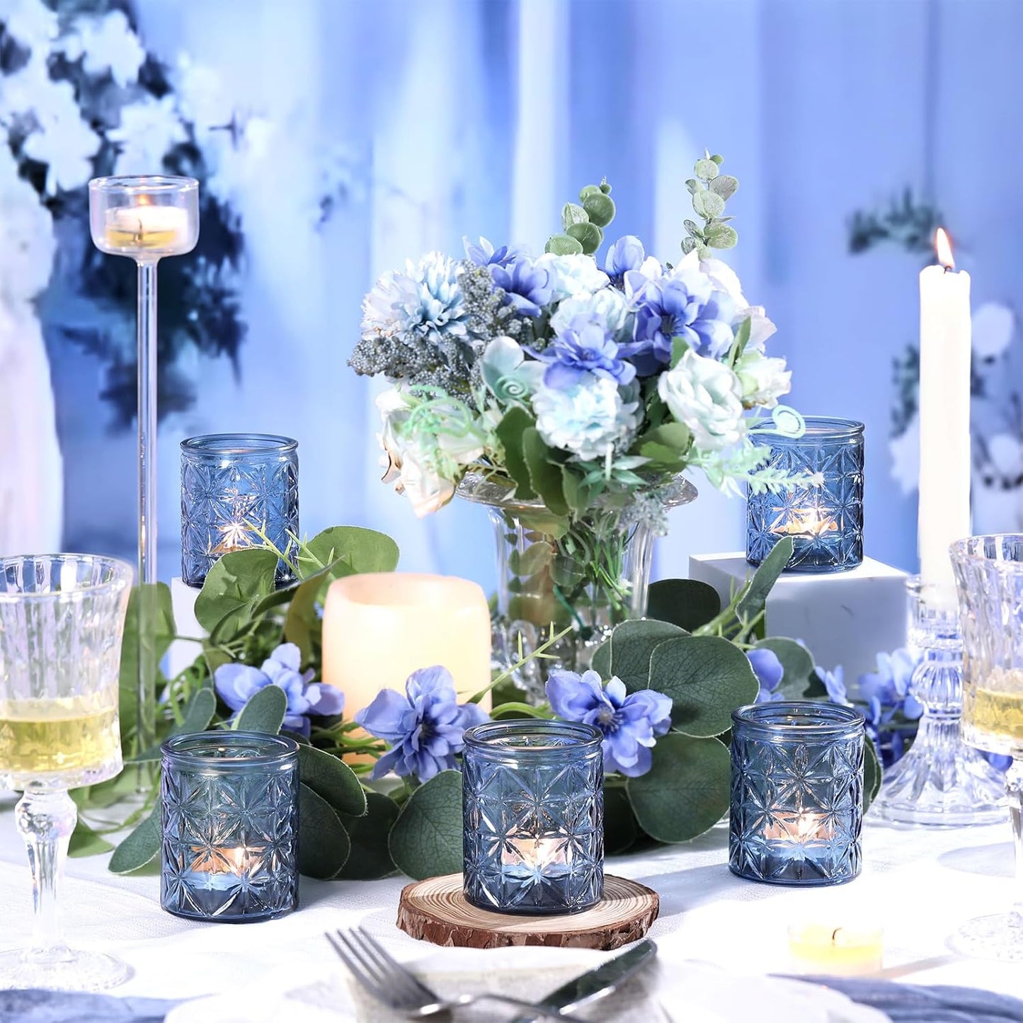 12 Pack Blue Votive Candle Holders,Vintage Blue Candle Holders