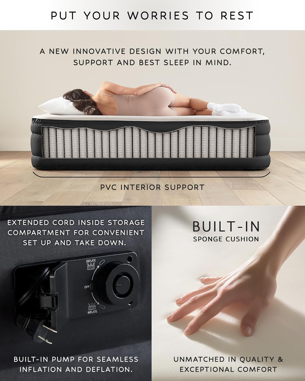 NEW - OlarHike Signature Collection Queen Air Mattress with Built in Pump,18” Luxury Air Mattress with Silk Foam Topper for Camping, Home & Guests, Fast & Easy Inflation/Deflation Airbed Black - Retail $150