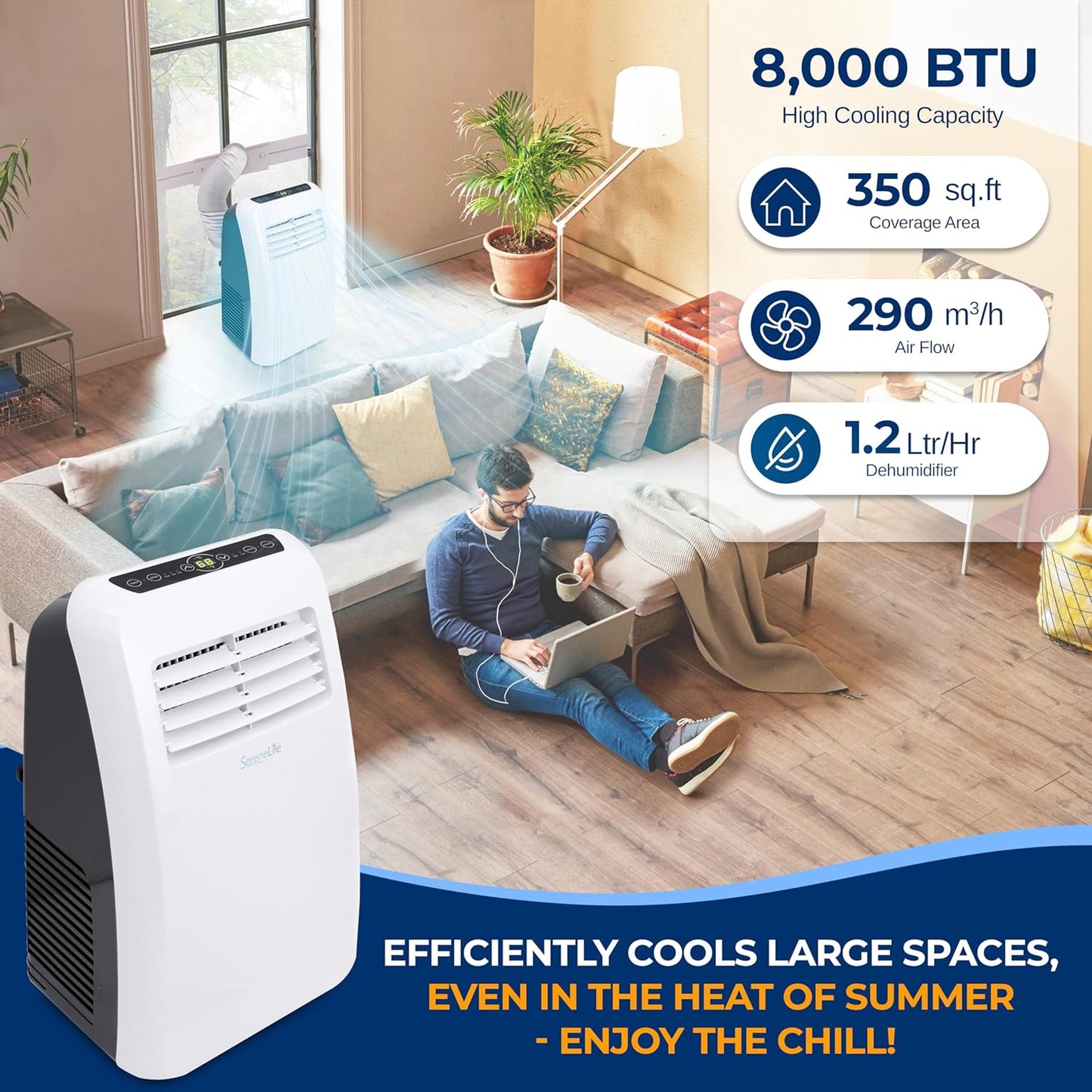 SereneLife SLPAC8 SLPAC 3-in-1 Portable Air Conditioner with Built-in Dehumidifier Function,Fan Mode, Remote Control, Complete Window Mount Exhaust Kit, 8,000 BTU, White