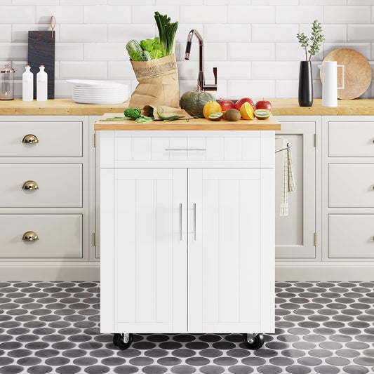 NEW - Shintenchi Kitchen Island Cart with Storage,Rolling Side Table on Wheels with Large Worktop, Cabinet,Towel Rack and Drawers for Kitchen,Dinning Room, White - Retail $116