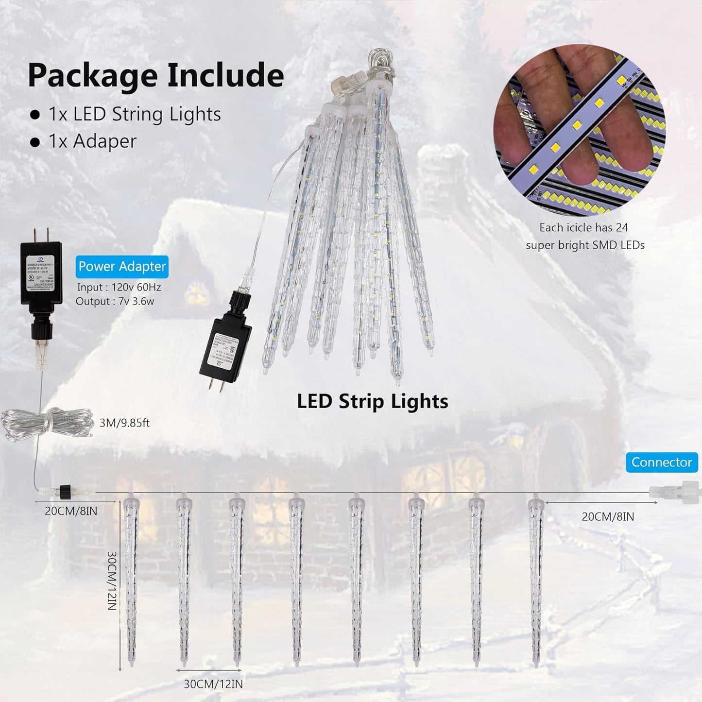 WATERGLIDE Meteor Shower Lights, 11" Outdoor Christmas Lights 10 Icicles 240 SMD LED Crystal Ice Falling Light, Connectable Raindrop Iciclelights, Xmas Winter Party Tree Holiday Decor, White