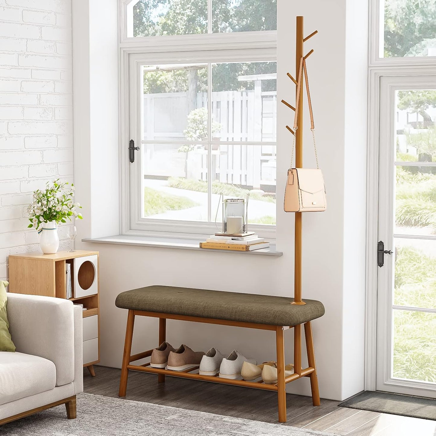 NEW w/ minor dmg - Bamworld Entryway Bench with Coat Rack Shoe Bench for Entryway Bench with Storage Bamboo 3-in-1 Design
