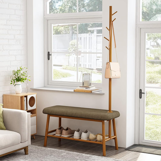 NEW w/ minor dmg - Bamworld Entryway Bench with Coat Rack Shoe Bench for Entryway Bench with Storage Bamboo 3-in-1 Design