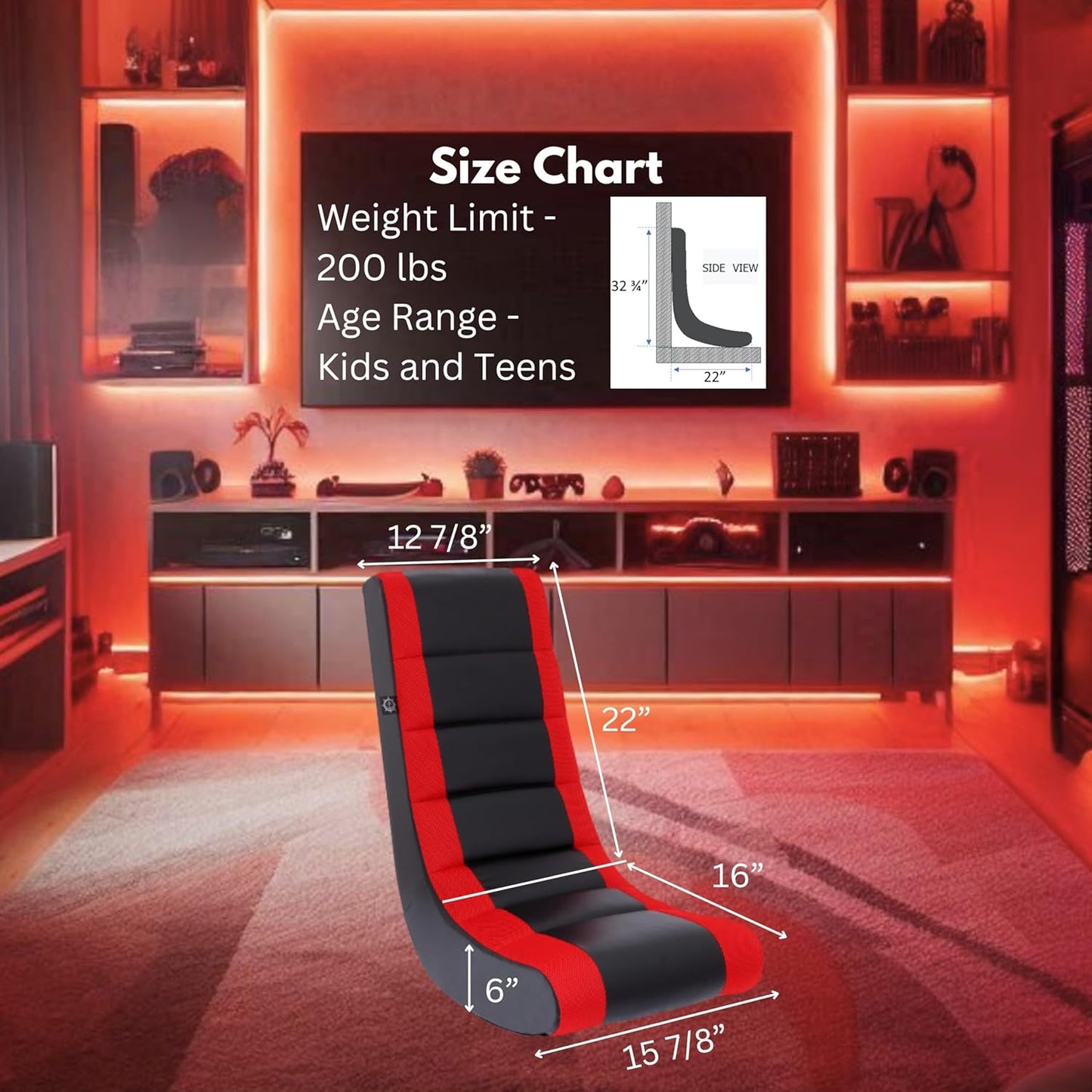 The Crew Furniture Classic Video Rocker Floor Gaming Chair, Kids and Teens, Racing Stripe PU Faux Leather & Polyester Mesh, Black/Red - Retail $40