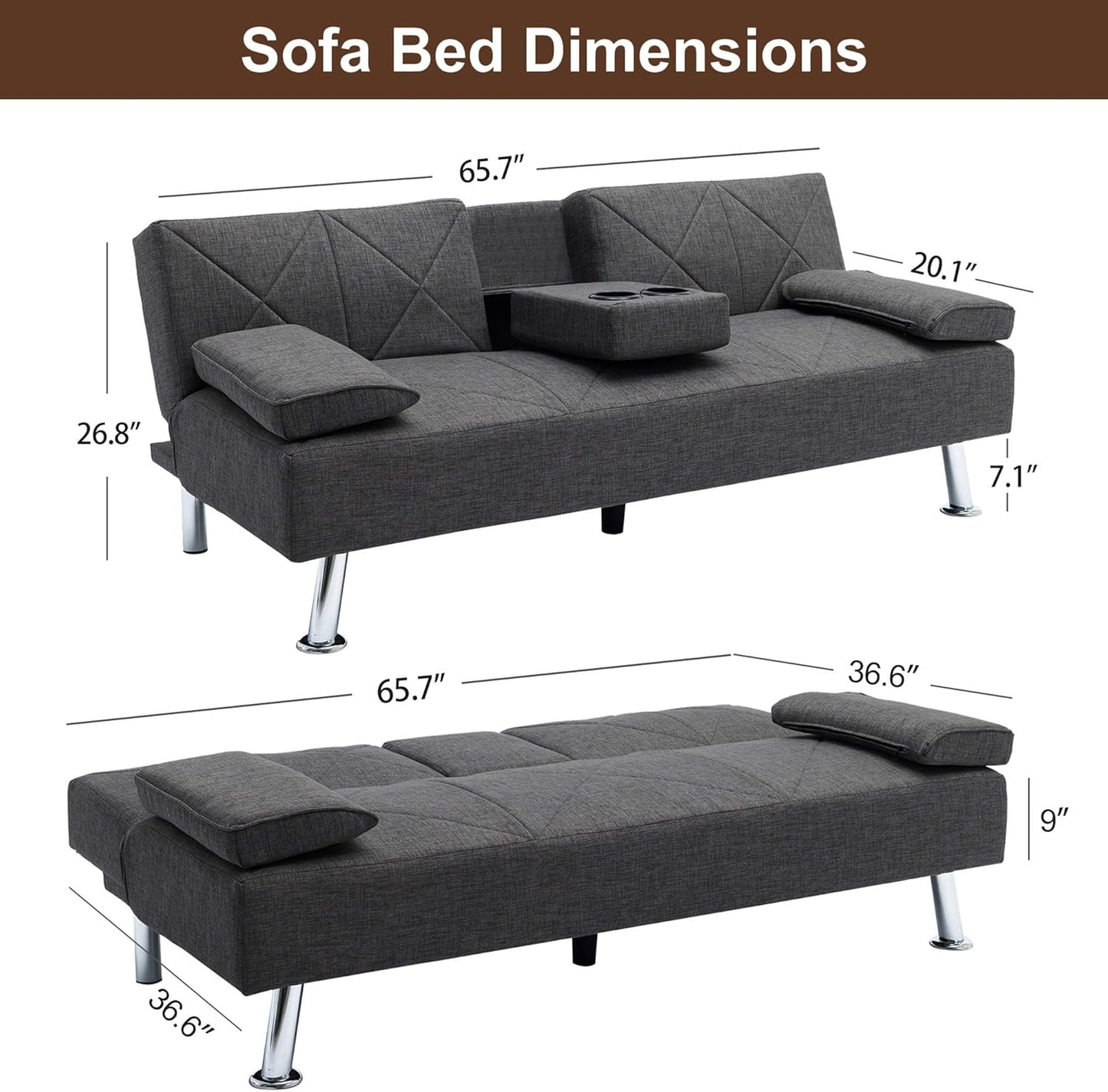 NEW - VECELO Modern Convertible Folding Futon Sofa Bed with Removable Armrests Breathable Linen Recliner Couch for Living Room/Apartment Lounge, 2 Cup Holders, Dark Grey - Retail $199