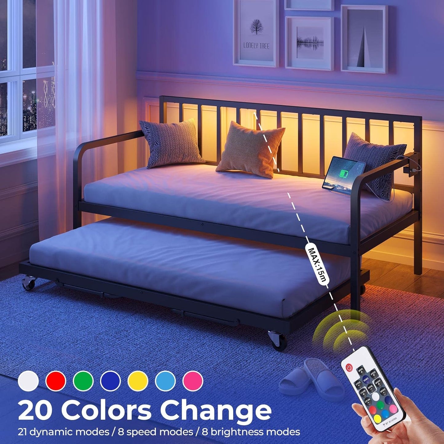 Rolanstar Daybed with Charging Station and LED Lights, Height Adjustable Twin Daybed with Trundle, Metal Sofa Bed Frame with Steel Slat Support for Living Room, Bedroom and Guest Room, Black