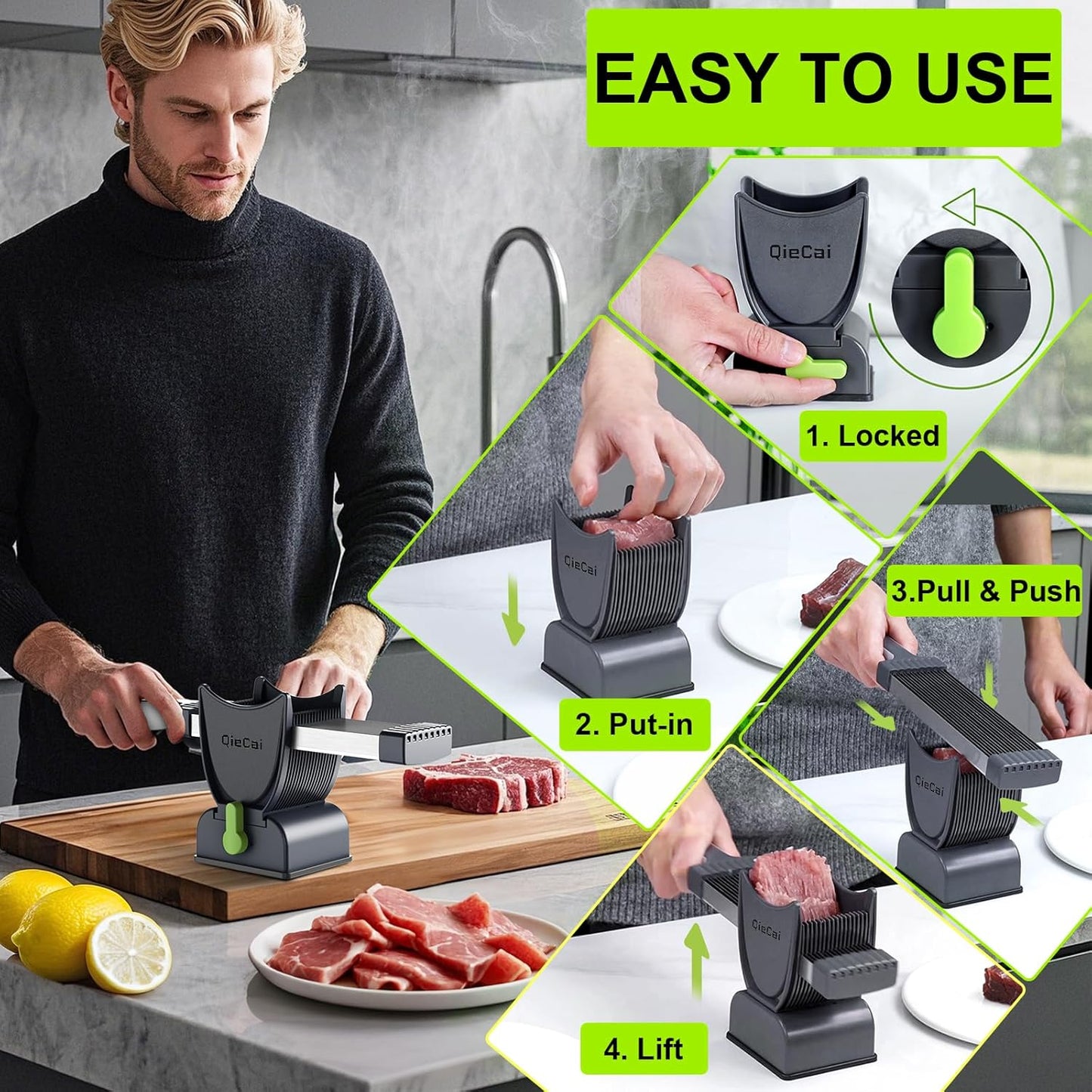 Fresh Meat Slicer Machine for Home, Kitchen Adjustable Thickness 2-4 mm Meat Cleaver for Fresh Beef, Pork Mutton, Chicken Breast, Making Beef Jerky Sticks BBQ Hot Pot