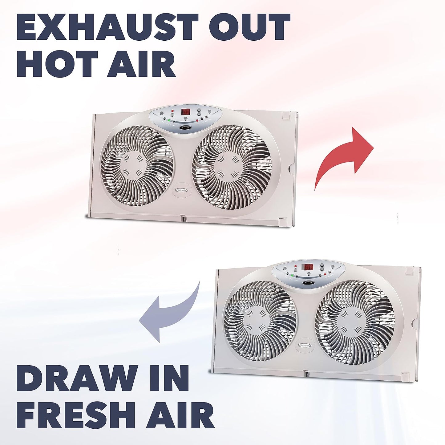 NEW - BIONAIRE Premium Digital 8.5" Twin Window Fan, Reversible Airflow Control, Exhaust and Intake, 3 Speeds, Extender Panels, Programmable Thermostat, LED Temperature Display, Remote Control, Light Grey - Retail $55