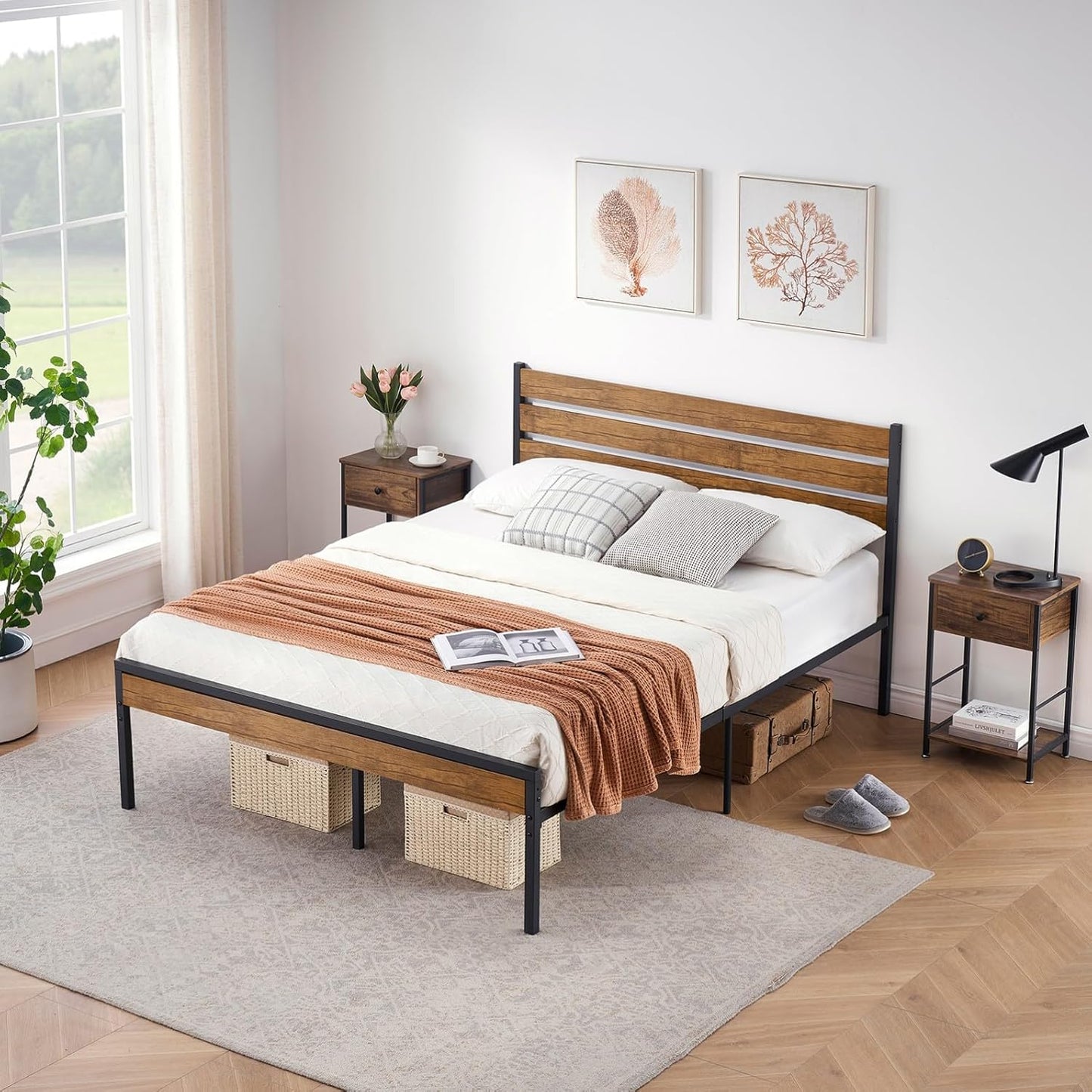 NEW - GAOMON Queen Bed Frame with Wood Headboard and Metal Slats, Mattress Foundation No Box Spring Needed Easy to Assemble Non-Shaking and Non-Noise (Queen) - Retail $124