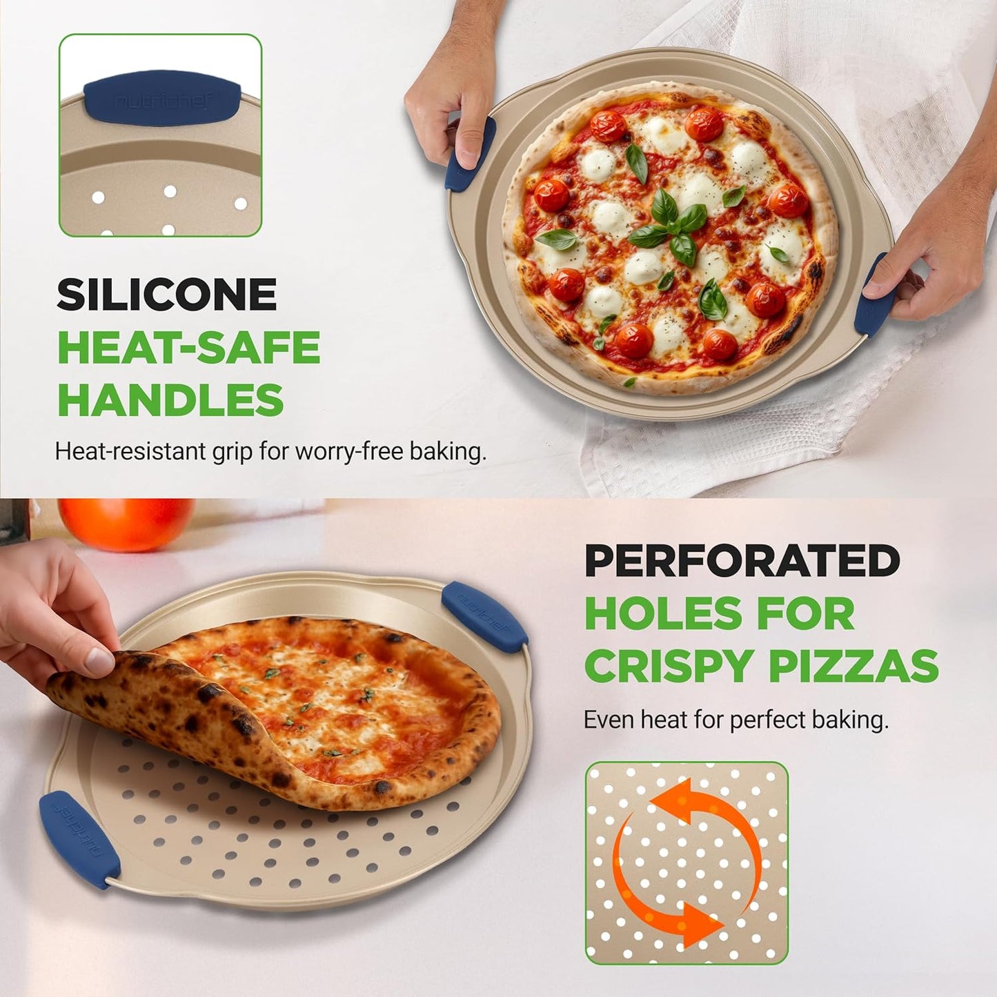 NutriChef 3-Piece Pizza Tray Set with Silicone Handles - Round Nonstick Pizza Pan with Perforated Holes, Durable Carbon Steel, Small, Medium, Large Sizes - Ideal for Crispy, Evenly Baked Pizzas (Gold)