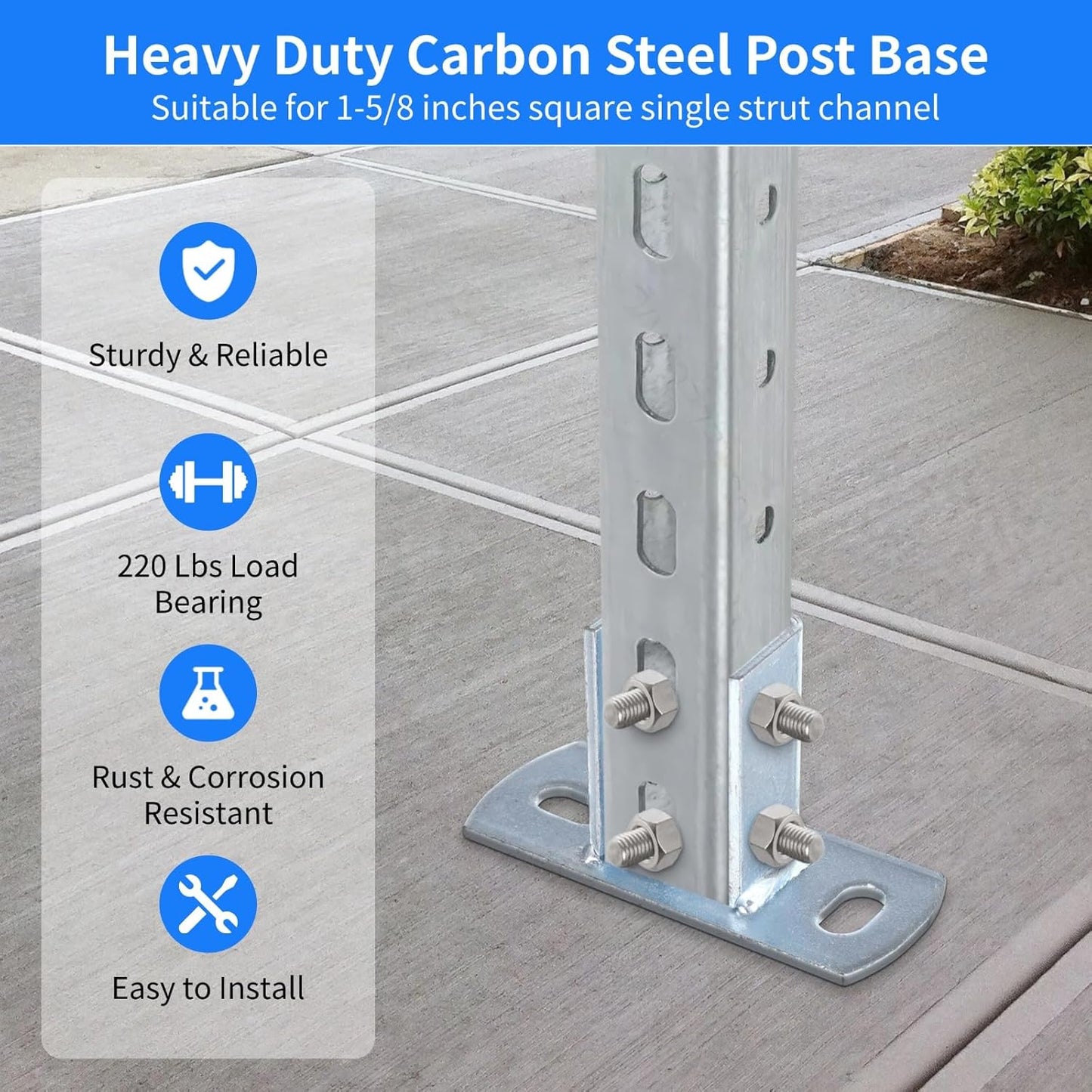 8 PCS Strut Post Bases, 2 Slotted Holes U Post Base for 1-5/8 Inches Square Single Channel, Heavy Duty Galvanized Carbon Steel Wall Ground Floor Mounting System, Universal Shelf Bracket Pile Base