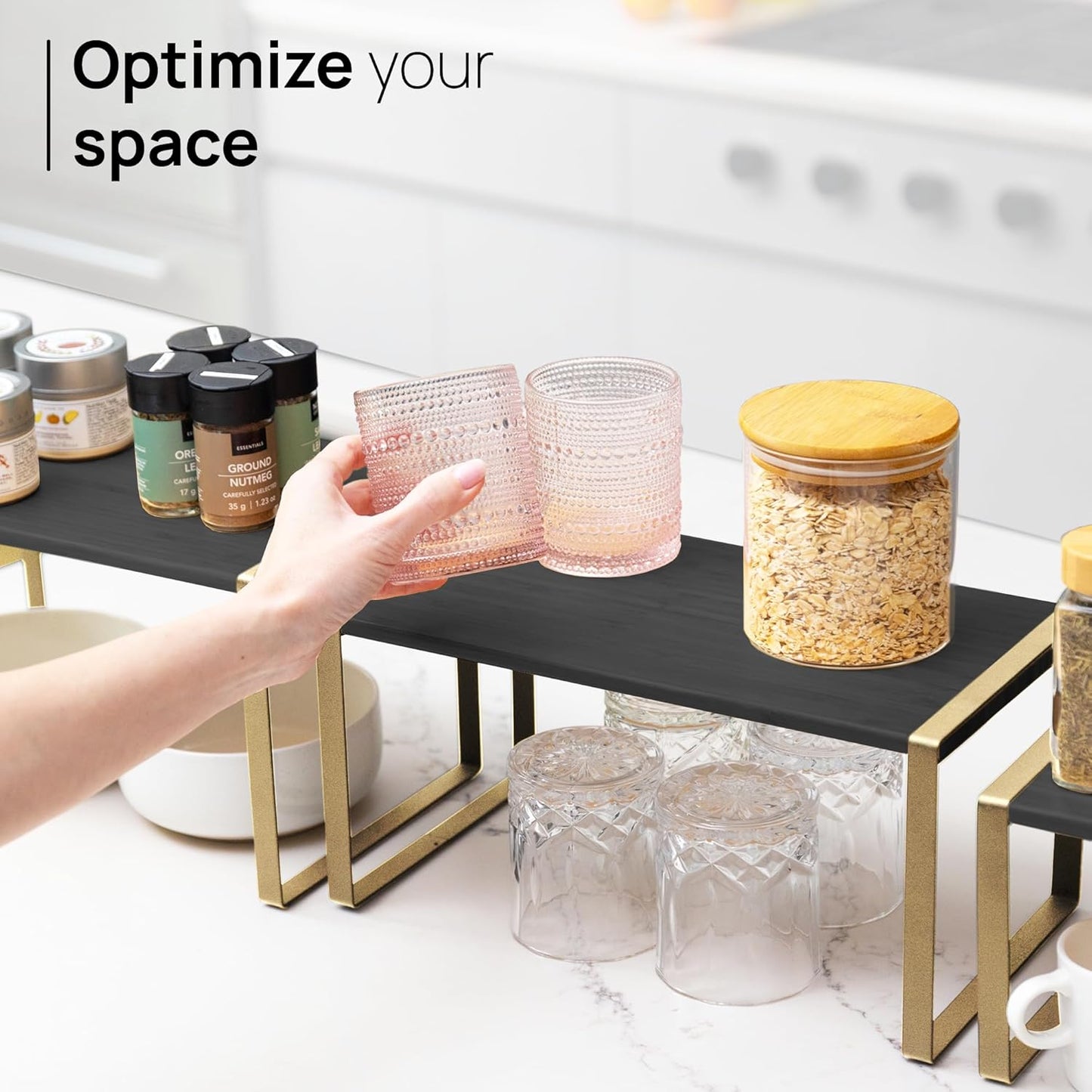 Ibyx Premium Kitchen Cabinet Organizer Shelf - Set of 3 Kitchen Counter Shelves - Stackable Shelf Racks for Cabinets - Metal Frame & Engineered Wood (Black Wood, Gold Frame)