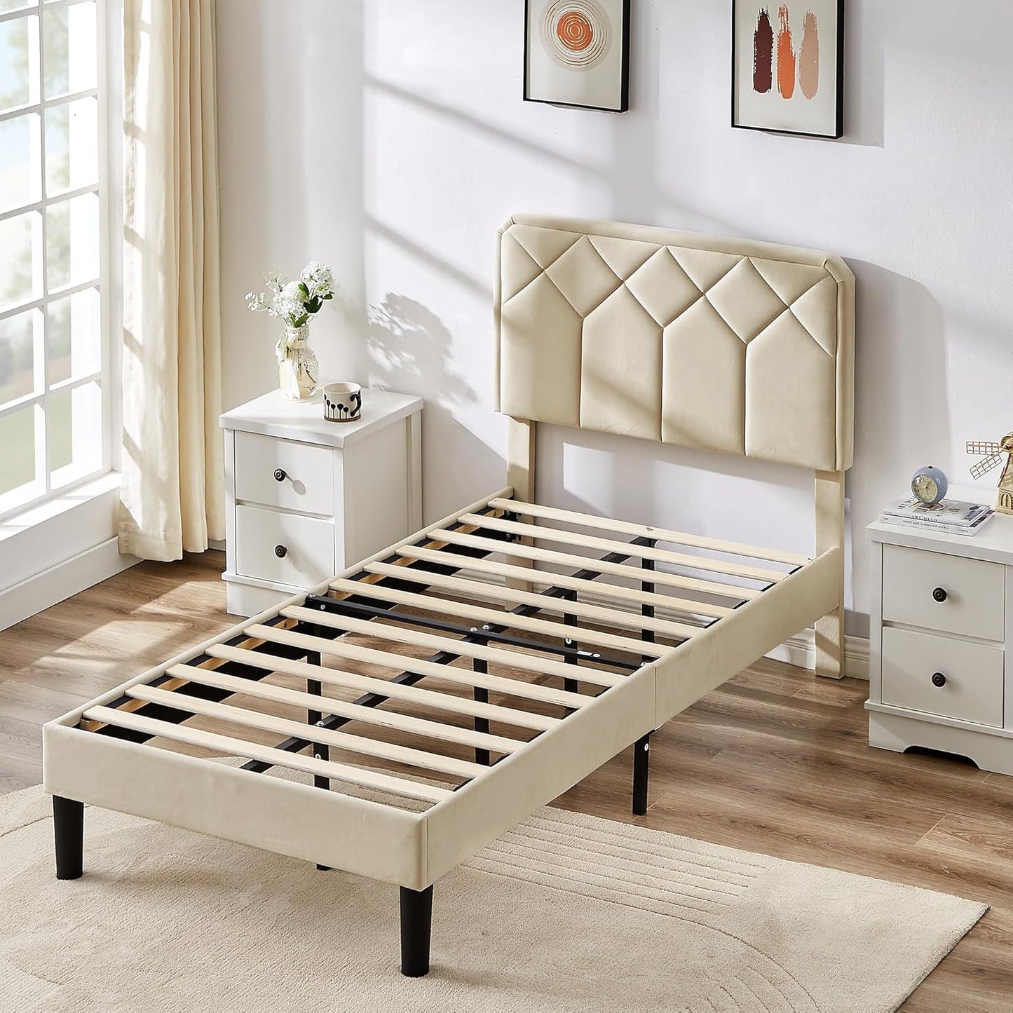 NEW - VECELO Twin Size Bed Frame Premium Velvet Upholstered Platform with Height Adjustable Headboard/Mattress Foundation, Solid Wooden Slat Support, No Box Spring Needed/Easy Assembly - Retail $150