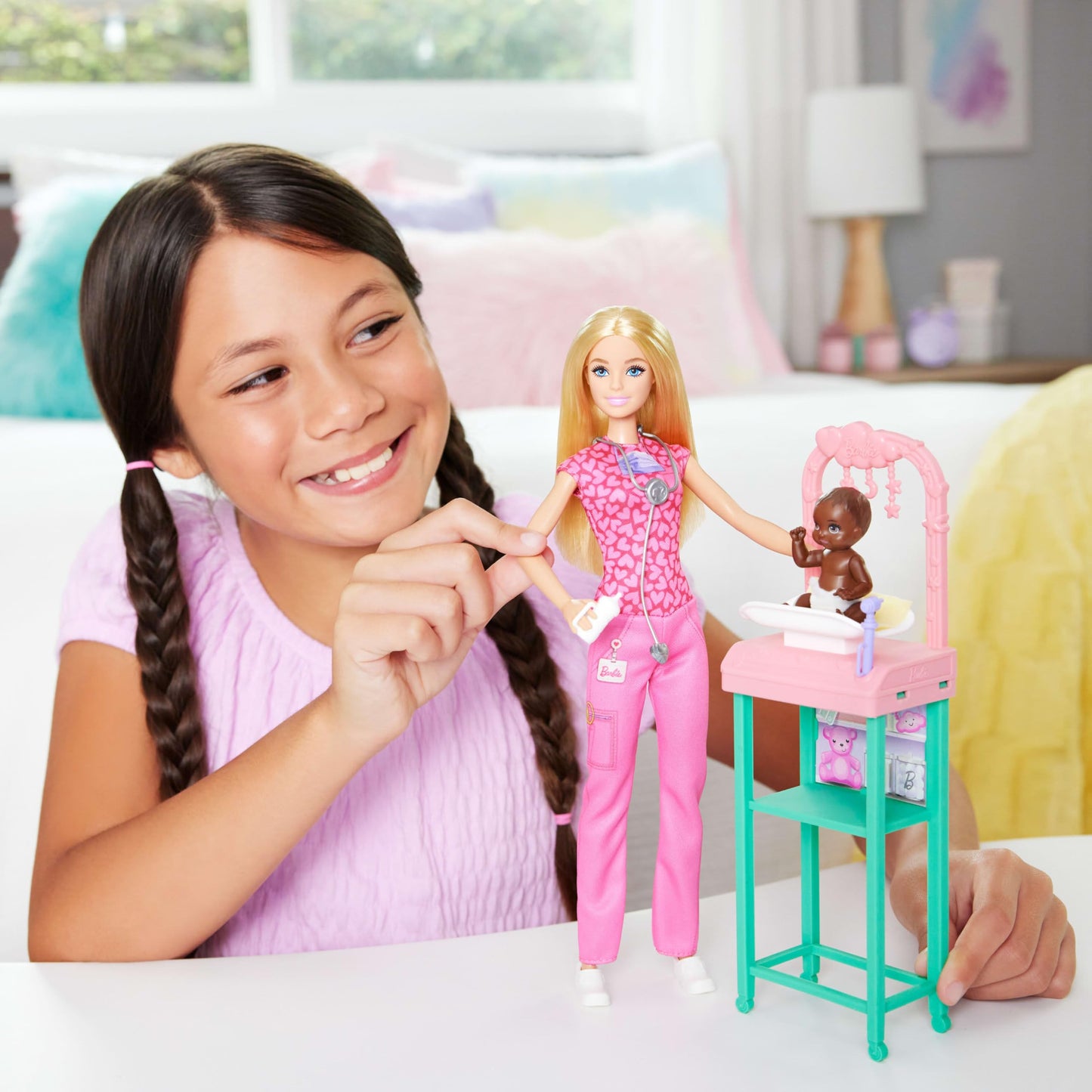 Barbie Baby Doctor Playset with Blonde Fashion Doll Wearing Pink Scrubs, Baby Doll, Furniture & Accessories