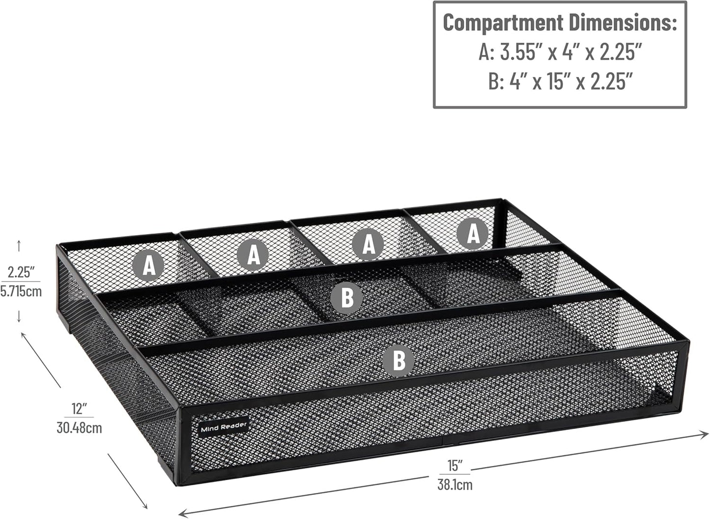 Mind Reader Drawer Organizer, Desk Org, Utensil Organizer, Office, Kitchen, Metal Mesh, 15"L x 12"W x 2.25"H, Set of 2, Black