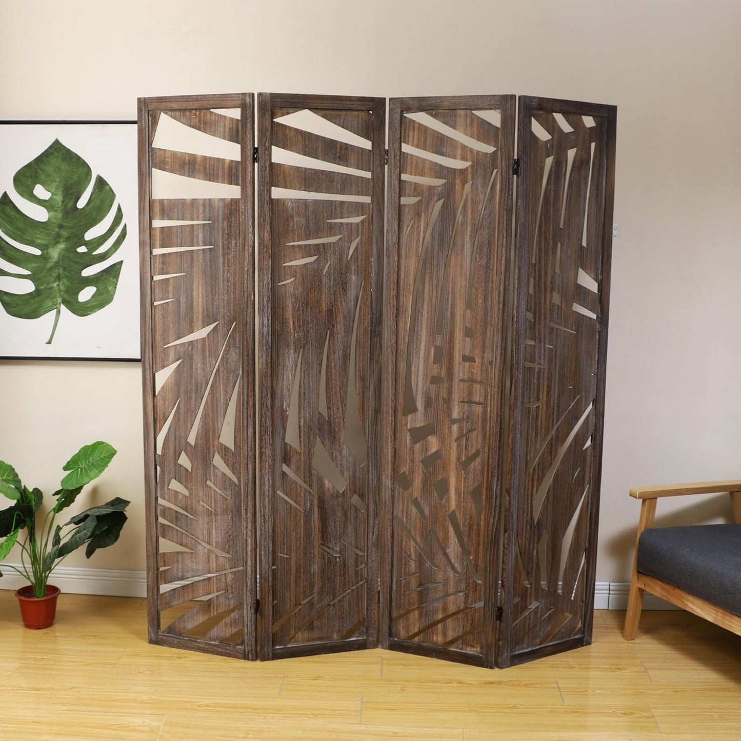 Proman Products - Palm Spring Panel, Wooden Room Divider, Folding Screen Room Divider with Palm Leaf Design (Smoked Brown) - Retail $134