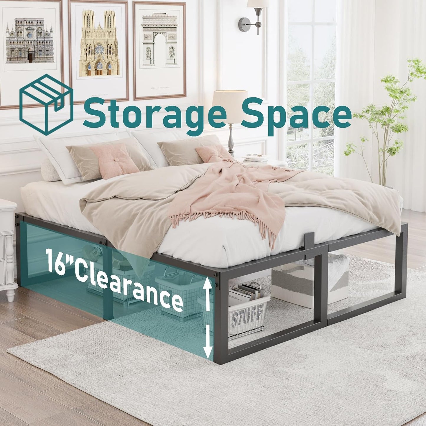 KING Bed Frame, 18 Inch High 3500 lbs Metal Platform, Mattress Foundation with Steel Slat Support/No Box Spring Needed/Noise Free/Non-Slip/Easy Assembly - Retail $116