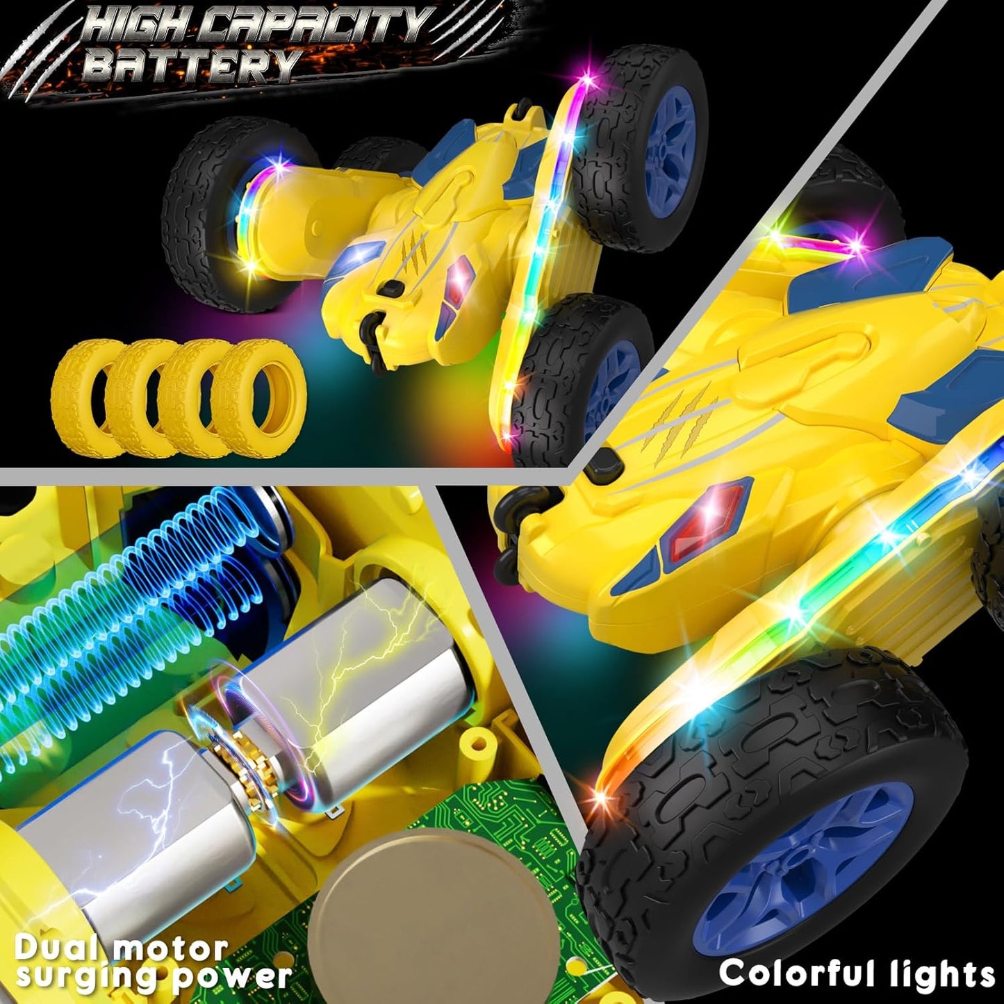 Remote Control Car,RC Cars with Sides Light Strip and Headlights,Double Sided 360 Flips Rotating RC Stunt Car,2.4Ghz All Terrain Toys for Ages 4-6 Kids Toy for Boys Girls Birthday Gift(Yellow) - Retail $20