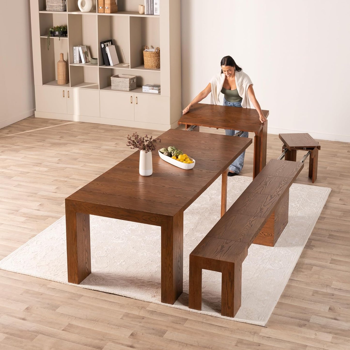 NEW - Transformer Table Expandable Dining Set for 2 to 12, Solid Wood Extendable Kitchen Table, Space-Saving Furniture, Small to Large Adjustable Dining Set with Bench- Retail $1899