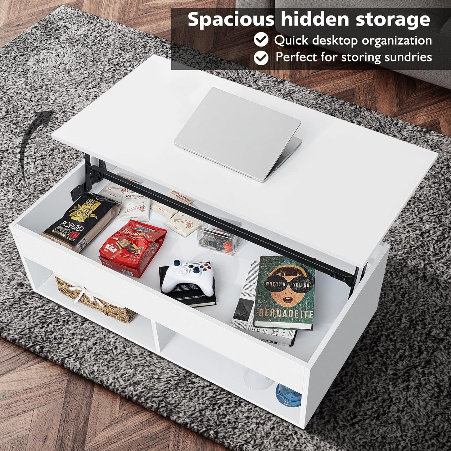 NEW - HOMMPA Lift Top Coffee Table with Hidden Storage, 2 Open Shelves - Retail $155