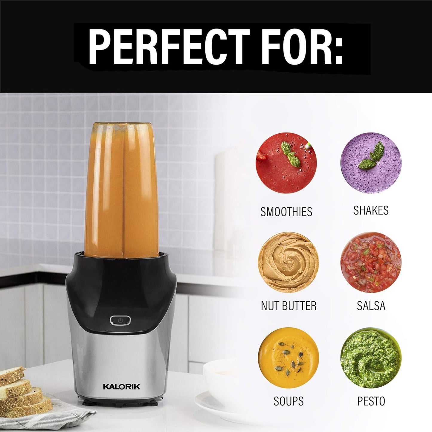 Kalorik Bullet Blender Set (34 oz /15.2 oz) High-Speed Portable Fitness Blender Set with Personal Blending Cup, Grinding Cup, Seal Lids, & To-Go Lid, 1000W, Black & Stainless Steel, NBL 45545 OW - Retail $69