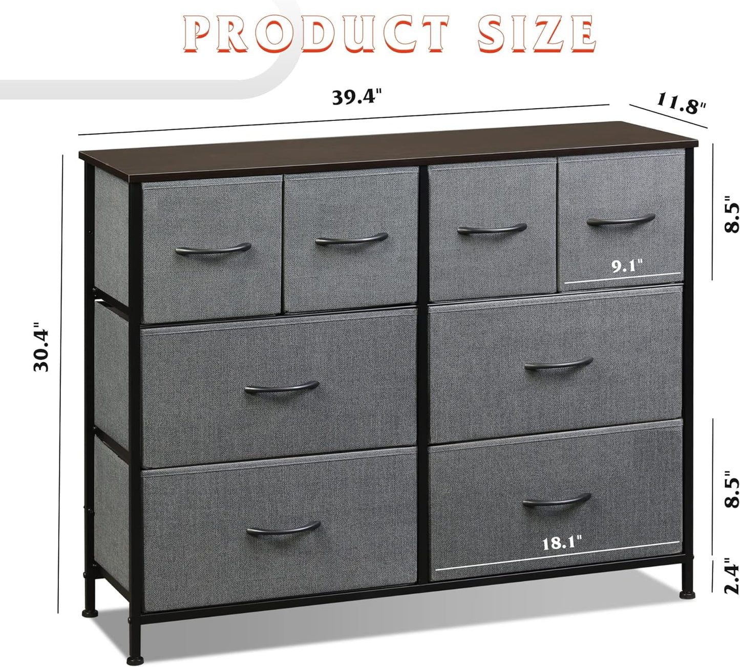 NEW - WLIVE Dresser for Bedroom with 8 Drawers, Wide Fabric Dresser for Storage and Organization, Bedroom Dresser, Chest of Drawers for Living Room, Closet, Hallway, Dark Grey - Retail $94