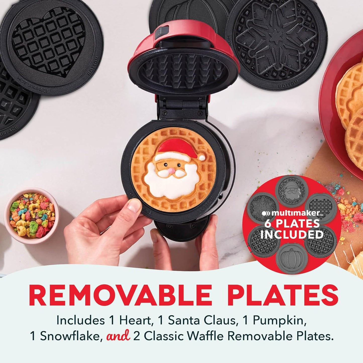 DASH Holiday Multimaker Mini System - Waffle Maker with Six 4” Removable Holiday Plates: Waffle Iron & Griddle, 4-in-1 Mini Waffle Maker for Kids and Families – Nonstick Surface, Santa Waffle (Red) - Retail $28