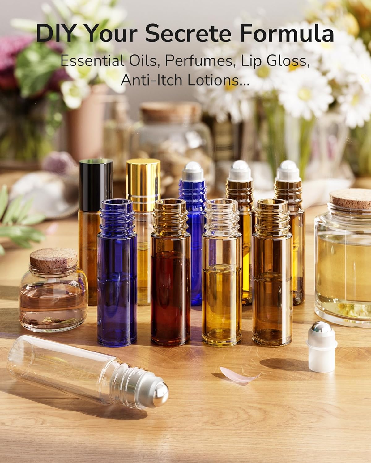 Essential Oil Roller Bottles 8/48 Pack 10ml - ULG Glass Empty Roll on Bottles with Stainless Steel Roller Balls (Amber, 48count)