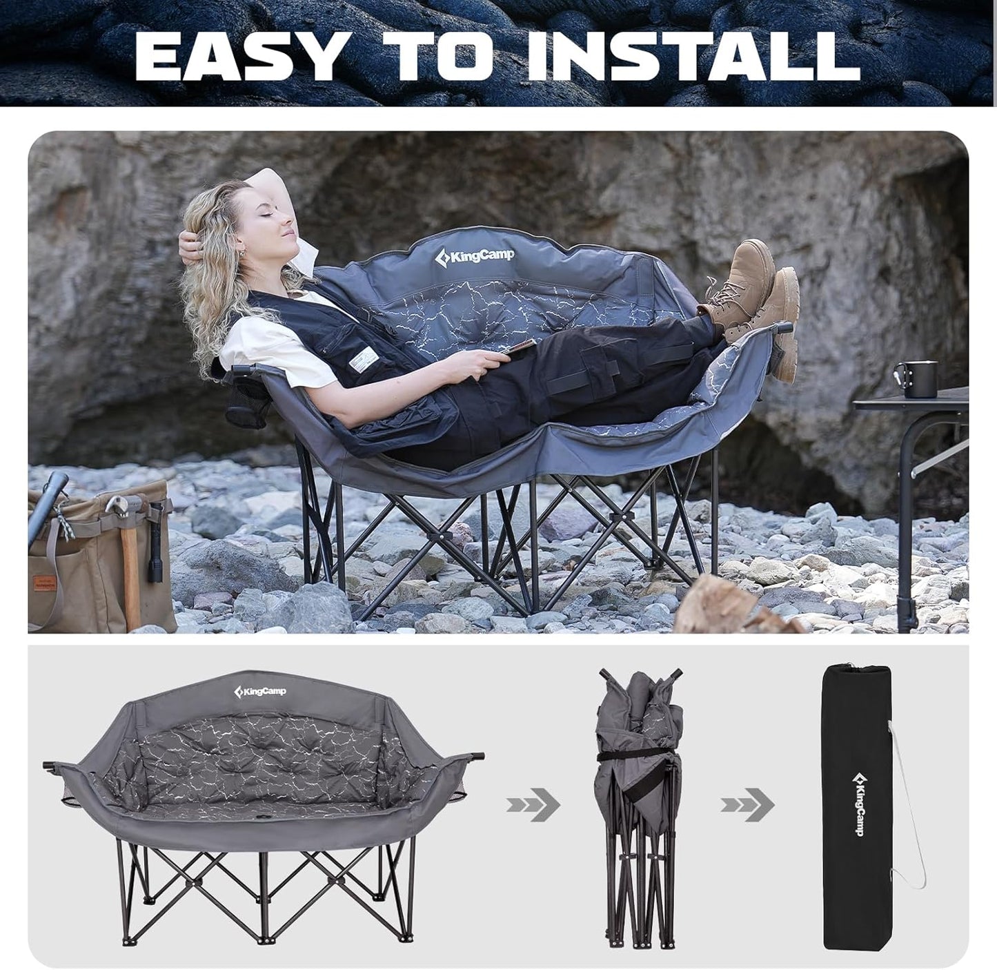 KingCamp Double Camping Chairs Oversized for Adults, Folding Padded Loveseat Campig Chair,Camping Couch with Cup Holder Wine Glass Holder,Support 440 lbs for Outdoor Lawn Beach Travel,Volcapetra - Retail $120