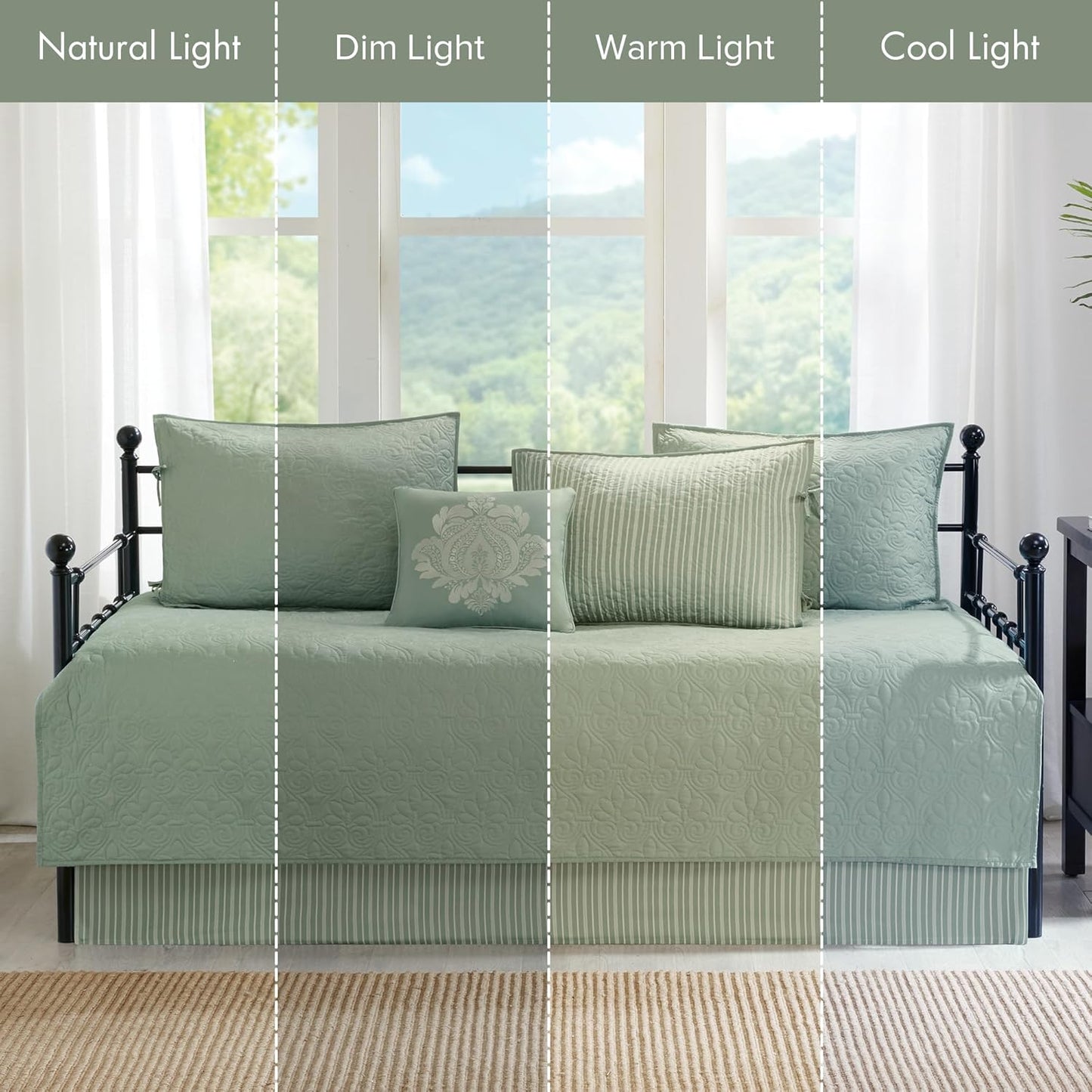 Madison Park Cotton Daybed Cover Set-Double Sided Quilting Classic Cottage Design All Season Bedding with Bedskirt, Matching Shams, Decorative Pillow, 39"x75", Quebec Seafoam 6 Piece