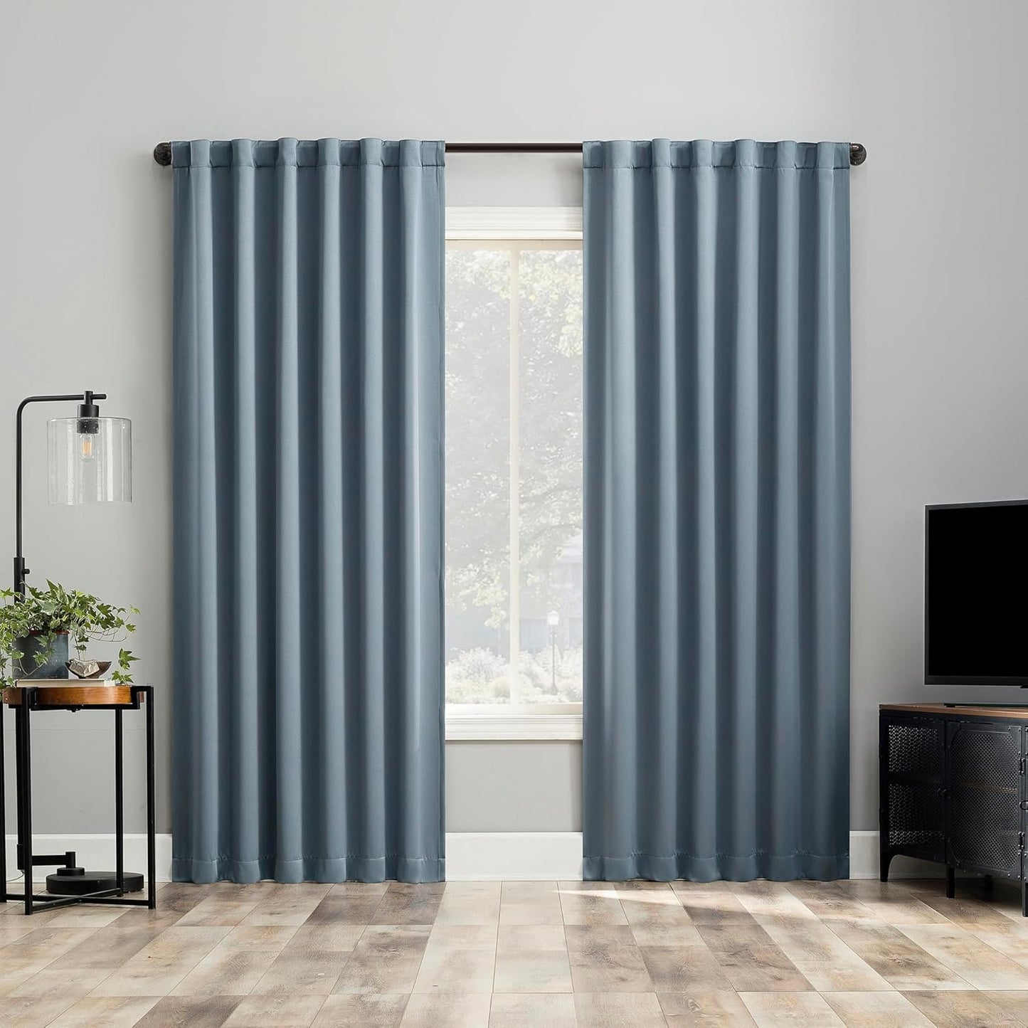 Sun Zero Belize 2-Pack Magnetic Closure Pleated Look Theater Grade 100% Blackout Back Tab Curtain Panel Pair, 52" x 96", Denim Blue