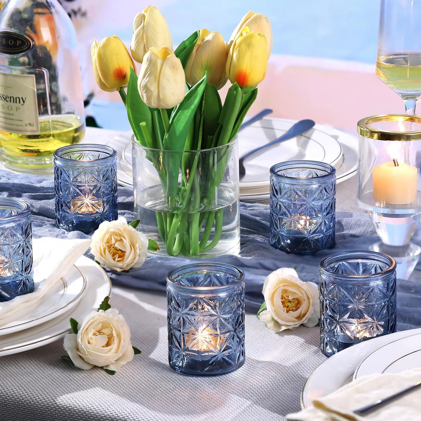 12 Pack Blue Votive Candle Holders,Vintage Blue Candle Holders