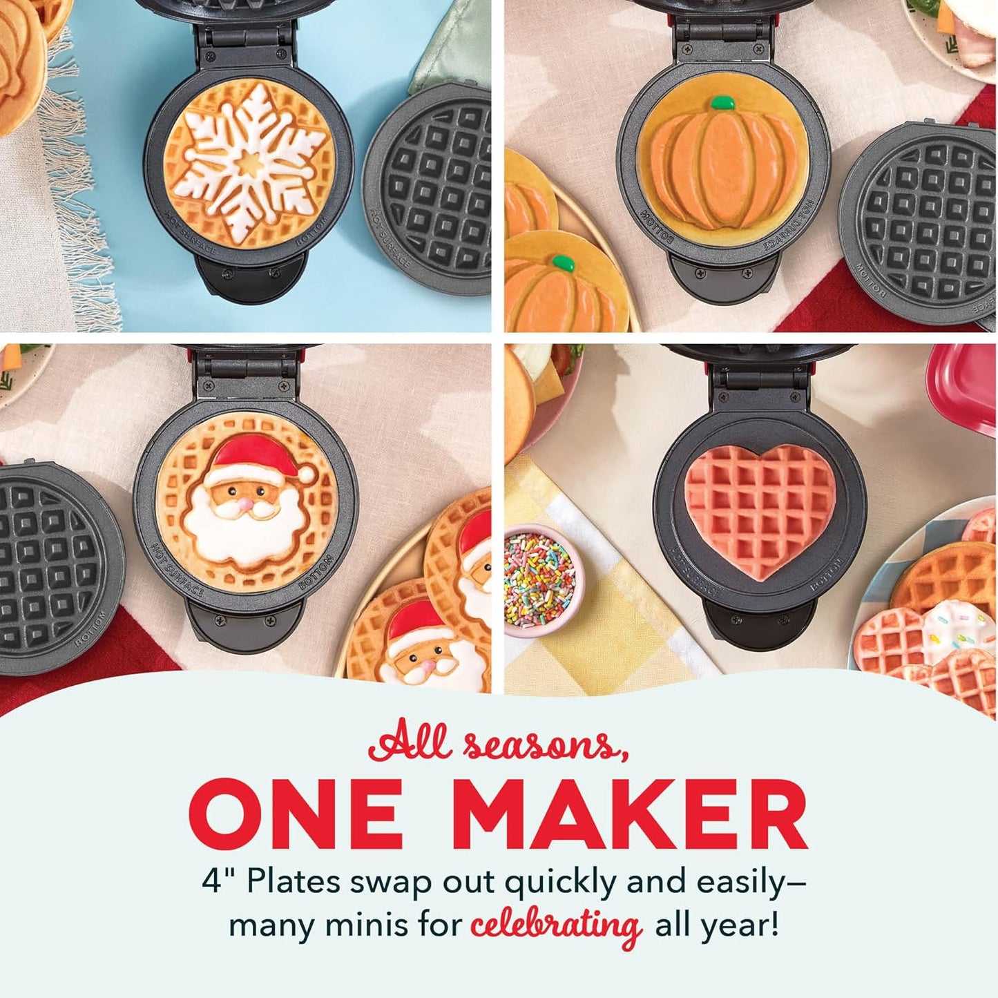 DASH Holiday Multimaker Mini System - Waffle Maker with Six 4” Removable Holiday Plates: Waffle Iron & Griddle, 4-in-1 Mini Waffle Maker for Kids and Families – Nonstick Surface, Santa Waffle (Red) - Retail $28