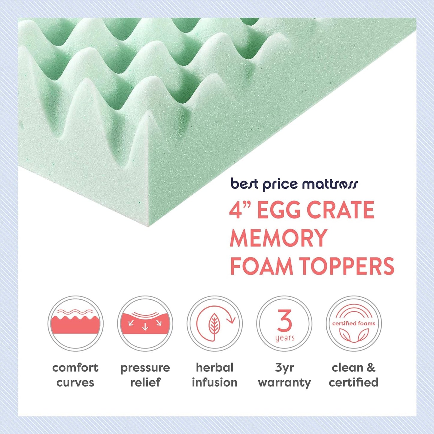 NEW - Best Price Mattress 4 Inch Egg Crate Memory Foam Mattress Topper with Calming Aloe Infusion, CertiPUR-US Certified, Full, Green - Retail $96