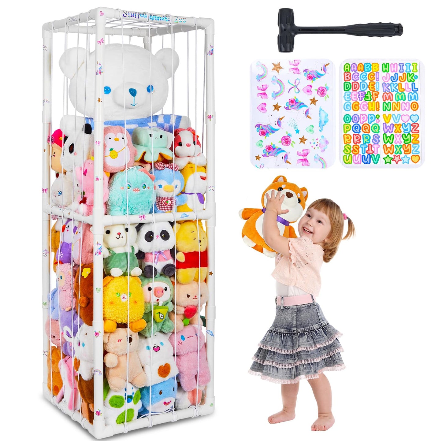 FIOBEE Stuffed Animals Storage Zoo Thicken PVC Tube Kids Toy Storage Organizer with Elastic Band Large Stuffed Animals Holder for Nursery Playroom Bedroom Room Furniture Plush Storage, White