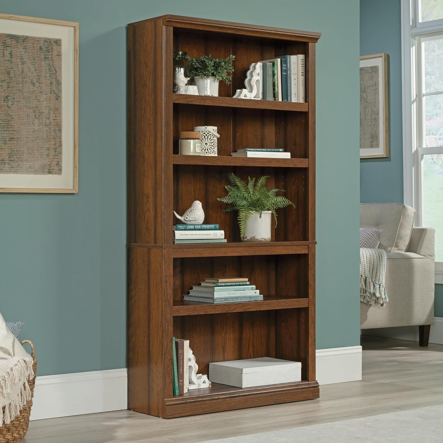 NEW - Sauder Miscellaneous Storage 5 Bookcase/Book Shelf, L: 35.28in x W: 13.23in x H: 69.76in, Washington Cherry finish