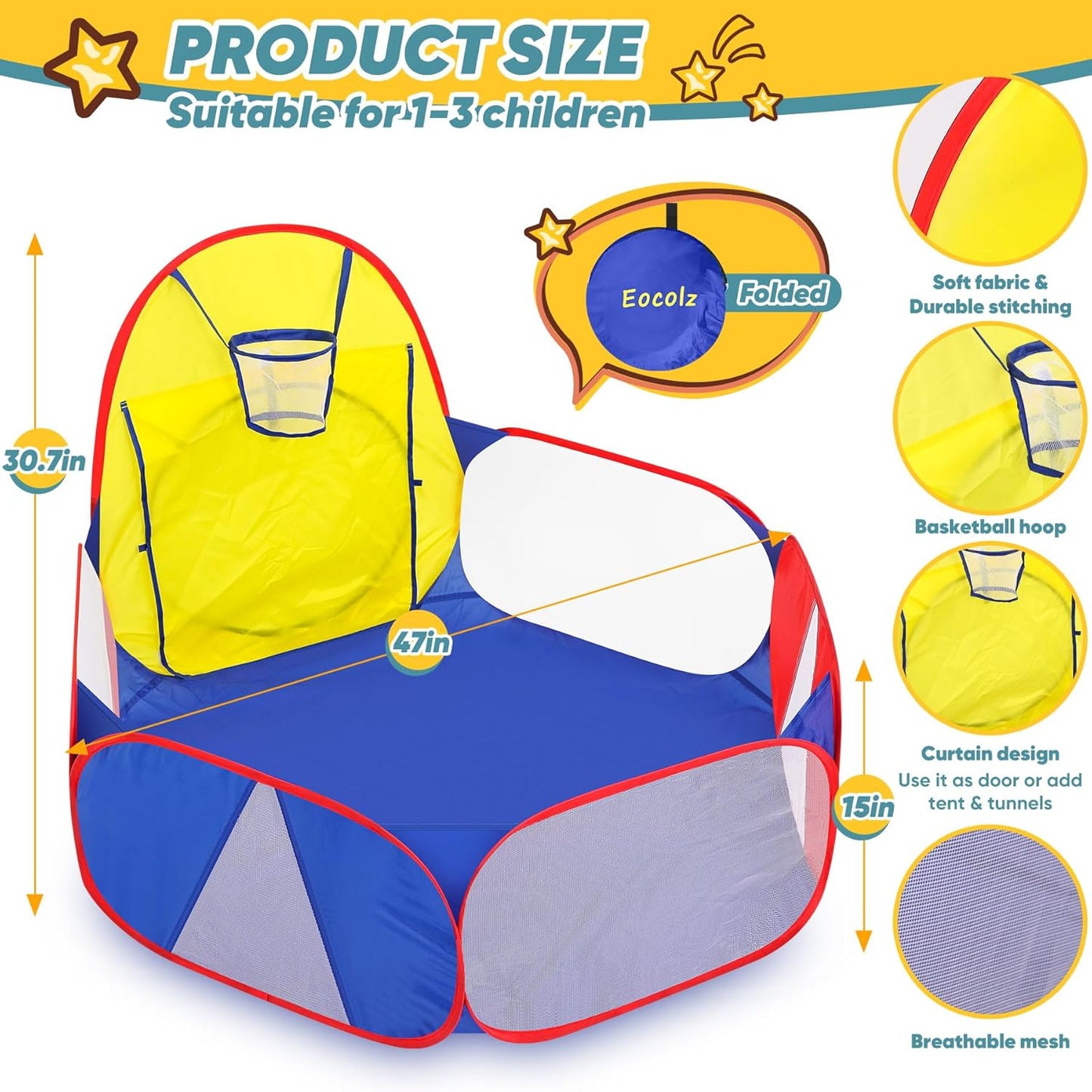 Playpen with Basketball Hoop and Zipper Storage Bag, 4 Ft/120CM, Balls Not Included (Blue Yellow Red)