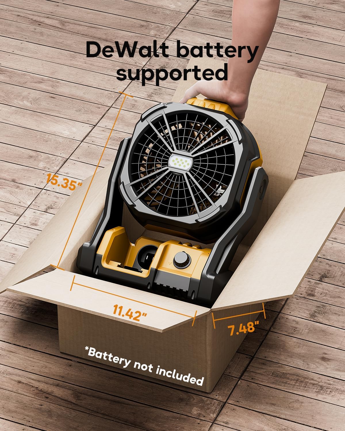 Battery Operated Fan, for DeWalt 20V Max Battery, Camping Fan Cordless, Option for Corded, with LED Lights, Variable Speed, Hook for Hanging, for Jobsite, Black(Battery Not Included)