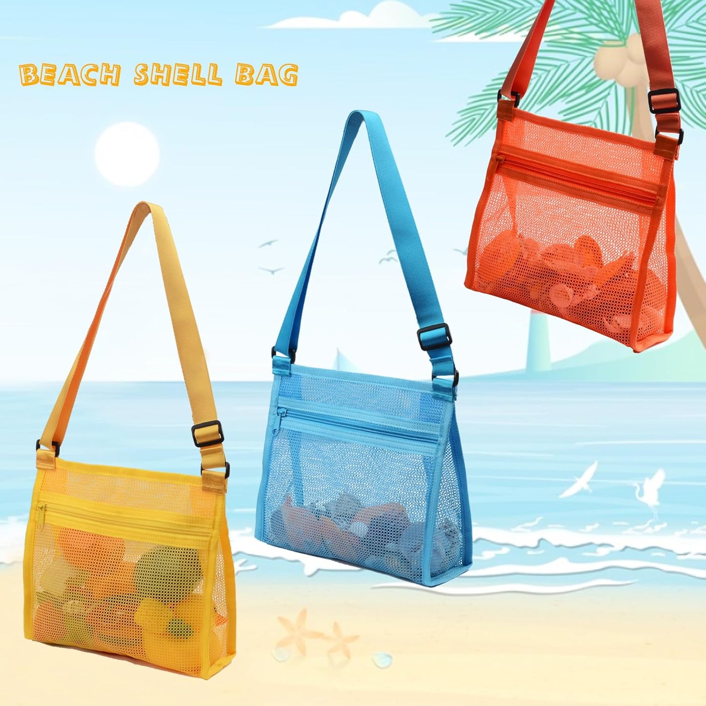 Mesh Bag for Holding Beach Shell,Toys (Blue&Yellow&Orange 3pack) Shell Collecting Bags for Kids, for Picking Up Shells
