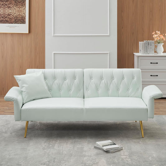NEW - Elevon Futon Couch, Convertible Futon Sofa Bed, Faux Leather Folding Recliner Sleeper, Modern Lounge Sofa with Adjustable Armrests and Pillow for Living Room, Small Space, Office, Apartment, White - Retail $270