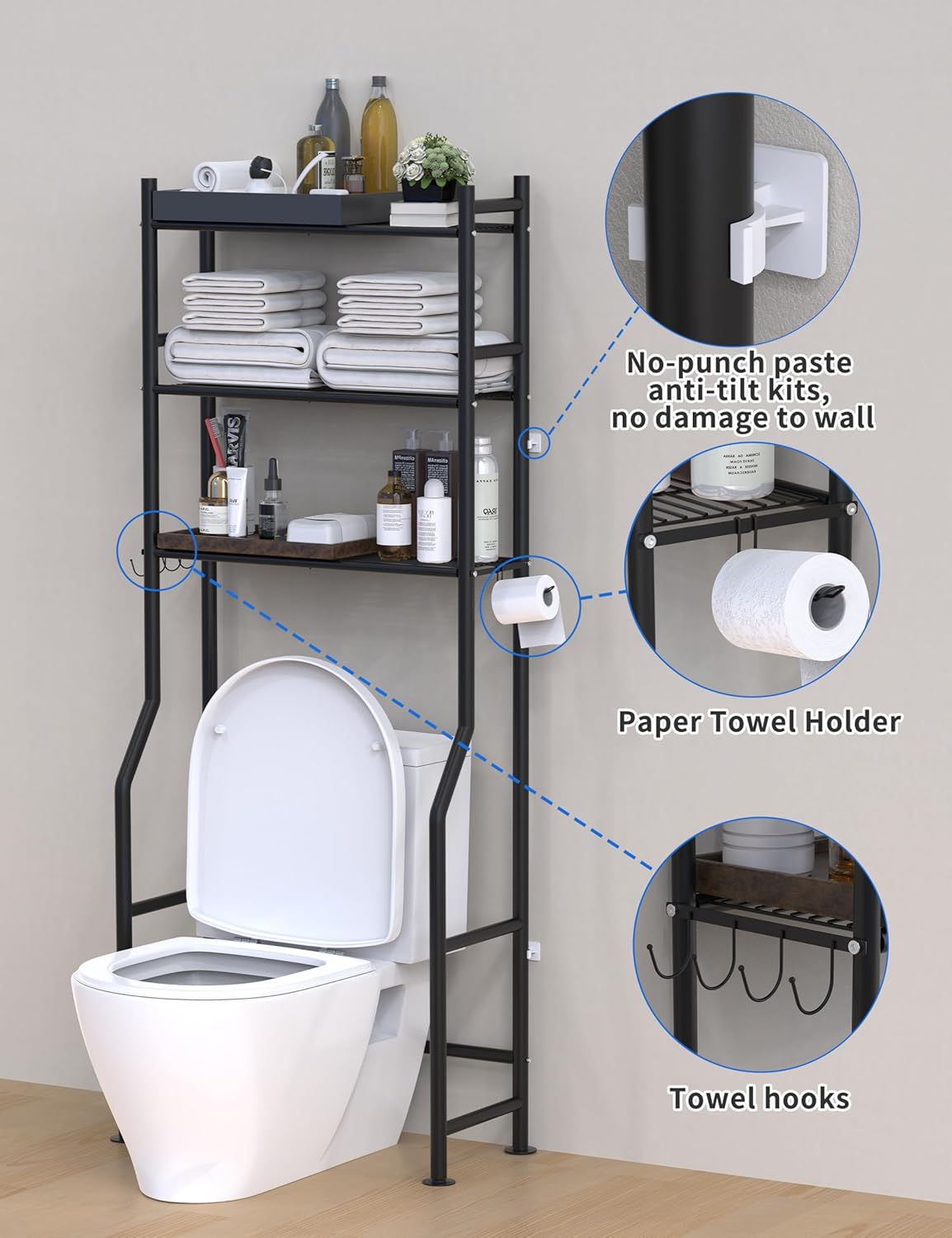 3-Tier Over The Toilet Storage, Freestanding Metal Bathroom Shelves with 4 Hooks, Over Toilet Storage Shelf with Paper Holder, Above The Toilet Shelf for Bathroom Storage, Black