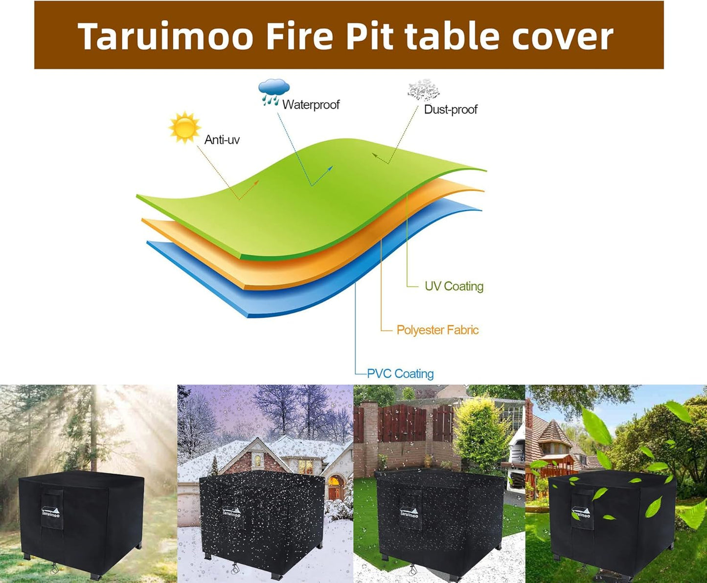 Fire Pit Cover Square Heavy-Duty Outdoor firepit Cover Waterproof and Tear-Resistant Air Vents Fits for 24-28inch fire Pit and Outdoor Fire Table (28 "L x 28 "W x 25 ")